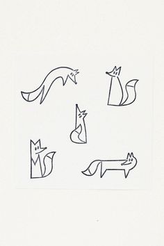 four drawings of different types of animals in black and white on a white paper background