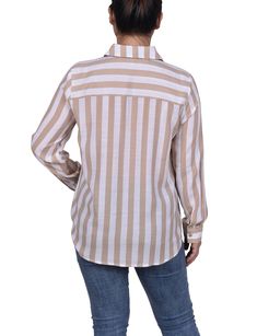 You'll love the stripes in two directions on this menswear-inspired slubbed blouse from NY Collection. -Material: 62% Rayon, 38% Polyester -Care Instructions: Machine Washable -Product Fit: Product Specifications: -Long Sleeves -Point Collar -Chest Pocket -Slubbed Woven Fabric -Tunic Length Smart Dress, Denim Blouse, Menswear Inspired, Tunic Length, Striped Blouse, Leisure Wear, Chest Pocket, Women Long Sleeve, Woven Fabric