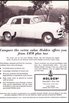 an old advertisement for a car that is white and has the words holiday written on it