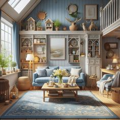 a living room filled with lots of furniture and decor on top of a wooden floor