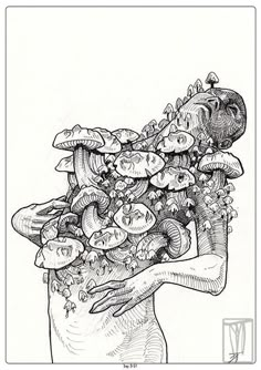 a drawing of a woman holding a bunch of mushrooms