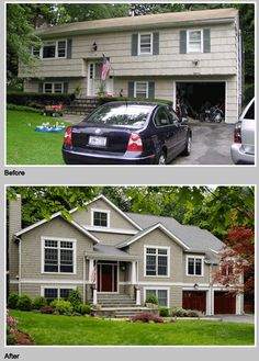 before and after photos of a house with two cars parked in front of the house