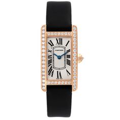 Cartier Tank Americaine Rose Gold Diamond Ladies Watch WJTA0002. Quartz movement. 18K Rose gold case 19.0 x 28.0 mm. Circular grained crown set with faceted blue sapphire. Original Cartier factory diamond bezel. Scratch resistant sapphire crystal. Silver dial with roman numerals. Sword shape blue hands. Black silk strap with 18K rose gold deployant buckle. Diamond Jewelry With Rectangular Dial For Evening, Evening Diamond Jewelry With Rectangular Dial, Yellow Gold Rectangular Diamond Watch For Evening, Elegant Evening Jewelry With Brilliant Cut, Cartier Rectangular Jewelry With Polished Finish, Cartier Rectangular Jewelry For Gift, Elegant Rectangular Jewelry And Watches For Evening, Luxury Rose Gold Diamond Watch With Rectangular Dial, Rose Gold Rectangular Dial Watch For Evening