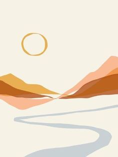 an abstract landscape with mountains and a sun in the sky above it, as well as a river