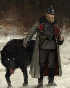 a painting of a man and his dog in the snow