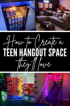 Basement Ideas For Teen Hangout, Basement Movie And Game Room, Movie Area In Basement, Secret Movie Room, Video Game Area In Basement, Convert Garage To Game Room, Unfinished Basement Hangout Room, Small Teen Hangout Room Ideas, Ideas For Flex Room