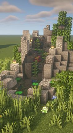 Minecraft Waterfall Aesthetic, Water Fall Minecraft Ideas, Minecraft Fairy Waterfall, Natural Minecraft Houses, Minecraft Building Ideas Nature, Minecraft Building Ideas Waterfall, Mc Waterfall, Waterfall Minecraft Ideas, Minecraft Waterfall Design