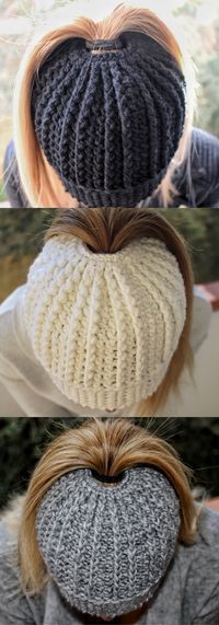 the back of two women's heads with their hair in ponytails and knitted hats