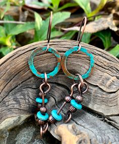 Patinated Turquoise Blue Copper Earrings with Dyed Howlite Dangles Blue Hand Forged Bohemian Earrings, Blue Bohemian Hand Forged Earrings, Turquoise Hammered Dangle Earrings, Turquoise Hammered Dangle Jewelry, Turquoise Hand Forged Drop Earrings, Turquoise Patina Dangle Earrings, Artisan Hand Forged Blue Earrings, Artisan Blue Hand Forged Earrings, Hand Forged Artisan Blue Earrings