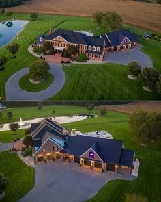 an aerial view of a large house with a pond and golf course in the background