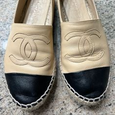 Authentic Chanel Espadrilles *Please See Photos Minor Scuff On Side Of One Shoe Comes With Box Dust Bag And Shoes Size 38 These Are Worn But Have Plenty Of Life Left In Them *No Returns *No Refunds Bag And Shoes, Chanel Espadrilles, Shoes Chanel, Chanel Shoes, Espadrille Shoes, Black Tan, Black And Tan, Espadrilles, Dust Bag