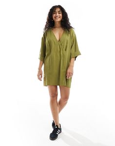 ASOS DESIGN oversized boxy mini dress with wrap collar detail in olive green | ASOS Chic Green Mini Dress For Daywear, Green Oversized Dress For Workwear, Oversized Green Dress For Work, Green Oversized Dress For Work, Chic Khaki Mini Dress For Work, Casual Olive Mini Dress, Chic Green Relaxed Fit Dress, Oversized Green V-neck Dress, Rich Girl