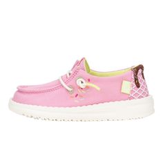 HEYDUDE | Little Kids' Shoes | Wendy Toddler Sweet Treats - Pink | Size 8 - Like an actual treat, but for her feet. Sweet-inspired graphic printed canvas top, color pop lining with embroidered detailing on the heel. Our mouth is watering. Slip these cushy, comfy, oh-so-sweet kicks on her feet and watch her go!Shoe Specs: Slip-On Stretch Lace Graphic printed canvas top Color pop canvas at back heel with embroidery Color pop lining Easy-on system Travel ready Removable foam insole Upper treated wi Pink Canvas Shoes With Round Toe, School Uniform Shoes, School Uniform Kids, Wide Shoes, Kids Sale, Printed Canvas, Kids Prints, Stretch Lace, Sneaker Shopping