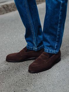 Launched in 2017, The Penny Loafer is our take on a classic staple — Refined and developed for over five years, resulting in a contemporary silhouette that works great with both casual and formal outfits. A superb partner for everyday wear, handcrafted in Almansa with a Goodyear welt and rubber sole, ensuring you can wear them for years to come.    Fits large in size  We recommend selecting half a size down from what you usually wear in lace-up shoes. Please refer to our Size Guide above or reac Loafers Men Outfit, Penny Loafers Men, Gentleman Shoes, Suede Leather Shoes, Formal Outfits, Penny Loafer, Leather Shoes Men, Best Sneakers, Goodyear Welt