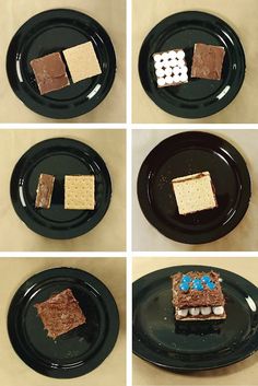 four pictures show different types of desserts on black plates with chocolate and marshmallow squares