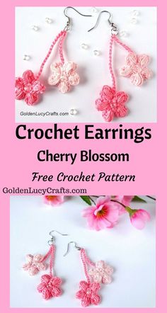 crochet earrings with pink flowers and pearls