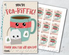 a coffee cup with a sticker on it next to a card that says, you're tea - riffch thank you for all you do