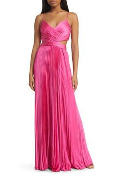 Eye-catching waistline and back cutouts enliven this glamorous gown designed with allover pleats and a gracefully moving skirt. 52" center front length (size Medium) Back zip closures Surplice V-neck Adjustable straps Lined 100% polyester Hand wash, line dry Imported Deb Ball Guest Dresses, Hot Pink Formal Dresses Long, Pink Formal Dresses Long, College Formal Dresses, Pleated Prom Dress, Affordable Formal Dresses, Cruise Fits, Hoco 2024, Cotillion Dresses