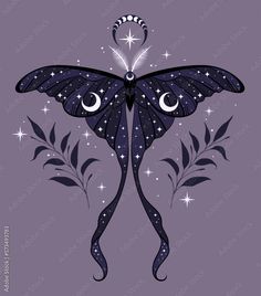 a black and white butterfly with stars on it's wings, in the shape of a