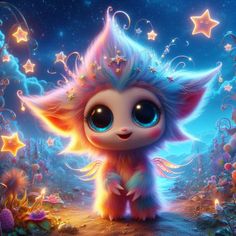 a cute little furry animal standing in the middle of a field with stars on it