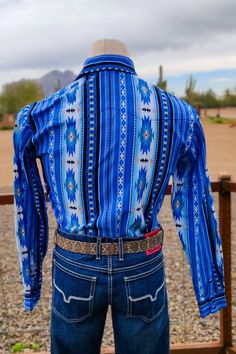 Light blue Aztec makes for an icy combination! Fit - True To Size Cut - Athletic Model is a size Large wearing a Large Brand - Western Wits Fabric - Cotton Designed by an American Small Business Made in the USA Western Style Blue Tops With Buttons, Blue Fitted Western Tops, Fitted Blue Western Tops, Cowboy Shoot, Cowgirl Lifestyle, Casual Cowgirl, Western Show Shirts, Vaquera Outfit, Western Stuff