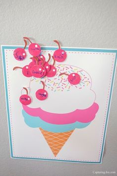 an ice cream sundae with cherry toppings on it is hanging from the wall