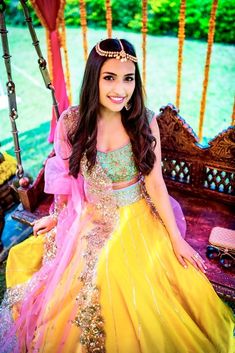 Richa & Arjun Wedding Photo - via WedMeGood Yellow And Blue Lehenga, Lehenga Color Combinations, Lehenga Hairstyles, Haldi Dress, Mehendi Outfit, Mehndi Dress, Mehendi Outfits, Lehenga Wedding