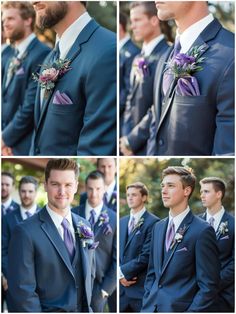 a collage of photos showing men in suits with flowers on their lapels and ties