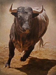 a painting of a bull running in the dirt with it's horns hanging down