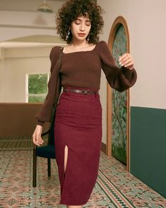 Free shipping on orders over $69. Shop the solid side slit skirt - red, caramel, apricot - xs, s, m, l, xl at RIHOAS. Coffee Sweater, Midi Skirt Outfit, Bubble Sleeve, Women's Sweaters, Red Skirts, Skirt Outfit, Rich Girl, Buy One Get One