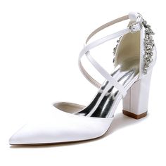 Shop White Satin Pointed Toe Cross Strap Wedding Pumps Chunky Heel Shoes color White for Anniversary, Going out, Party, Wedding with worldwide Free shipping & Free return. Flat Sandals Wedding, Wedding Shoes High Heels, Sequin Sandals, Wedding Pumps, Rhinestone High Heels, White Wedding Shoes, Chunky Heel Shoes, Chunky Heel Pumps, Wedding Flats