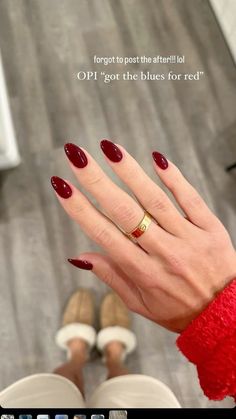 opi “got the blues for red” #fallnails #rednails #winenails #almondnails Deep Red Nails, Kutek Disney, Wine Nails, Simple Fall Nails, Pumpkin Nails, Nagel Tips, Smink Inspiration, Casual Nails, Classy Acrylic Nails