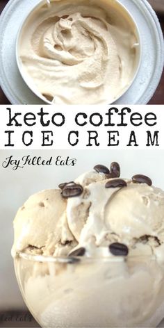 keto coffee ice cream in a white bowl with chocolate chips on top and an image of