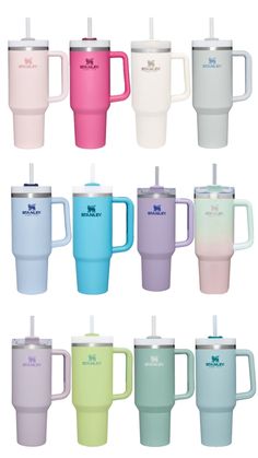 many different colored cups with lids and handles