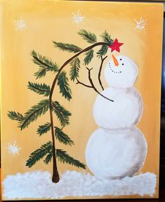 a painting of a snowman holding a branch