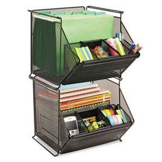 three tiered storage bins with books and magazines in each compartment on the bottom