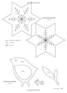 four snowflakes are shown in the shape of birds and leaves, one is made out of paper