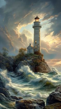 a painting of a lighthouse on top of a rock in the ocean with waves crashing around it