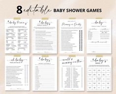 8 editable baby shower games with gold and black calligraphy