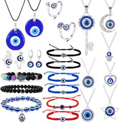 PRICES MAY VARY. 【Affordable Jewelry Set】The package contains 9 pieces of evil eye pendant necklaces, 9 pieces of evil eye bracelets , 1 pair of evil eye earrings,2 pieces of evil eye rings and 2peices of evil eye nose rings .More choices for your daily wearing. Sufficient quantity are provided for you to wear, replace or share with friends, family or relatives. 【Symbolic Meaning】The evil eye pendant means protection in Turkish and Greek culture. This kind of bracelets and necklaces are consider Evil Eye Rings, Eye Rings, Handmade Evil Eye, Lucky Blue, Bracelets With Meaning, Evil Eye Earrings, Evil Eye Ring, Pendant For Women, Women's Jewelry Sets