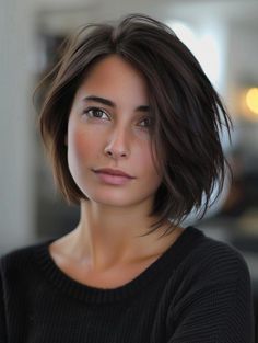 Short Bob Haircuts Brunette, Below Chin Length Hair With Layers, Layered Bob Hairstyles Side Part, Short Layer Bob Haircut, Chin Length Hair 2024, Chin Length Hair Thick, Chin Length Hairstyle Women, Hair Cuts For Double Chin, Women S Haircut Short