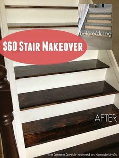 the stairs are painted white and brown with red lettering that says, $ 50 stair makeover