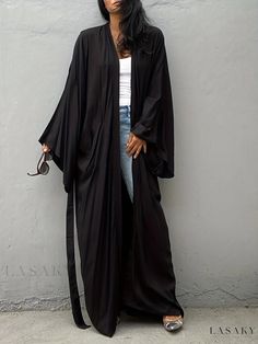 Lasaky - Womens Sun Protective Beach Robe: Solid Black Tie Belt Long Sleeve Cover Up Dress, Boho Minimalist Loose Fit - Ideal Swimwear & Clothing Pluse Size, Kimono Beach Cover Up, Fall Chic, Beach Kimono, Casual Kimono, Boho Minimalist, Boho Kimono, Womens Kimono, Dress Boho