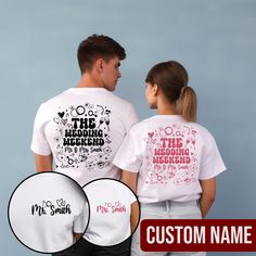 two people wearing matching t - shirts that say the wedding according to their marriage date