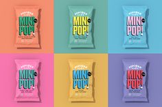 four bags of mini pop on different colored squares