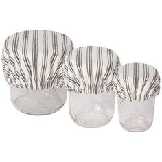 all three sizes of black and white stripe ticking mini bowl covers displayed on glass jars displayed on a white background Jar Covers, Striped Bowl, Bowl Covers, Neutral Accessories, Bowl Cover, Fabric Bowls, Ticking Fabric, Mini Bowls, Ticking Stripe