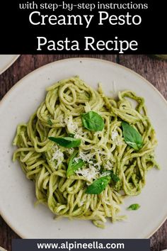 A white plate with creamy green pesto pasta and fresh basil leaves. Creamy Pesto Pasta Recipe, Creamy Pesto Pasta, Pasta Al Pesto, Pesto Pasta Recipes, Easy Pasta Dishes, Creamy Pesto, Homemade Pesto