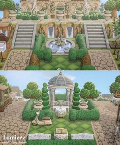 an animal crossing game is shown in two separate screens, one with a fountain and the other with trees