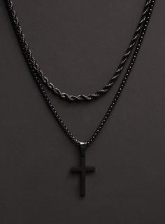 Necklace set for men - Stainless steel black rope chain AND black cross - Buy 2 and save, gifts for men, father, husband, son. Black jewelry. By popular demand we now offer the two most sold items that customers buy together and at a discount ($10 off buying them together). This set includes: -Black Cross pendant on Round Box Chain ($40) -Black Rope chain necklace. ($34) BUY BOTH FOR $64 ($10 savings) Material: Coated Stainless Steel Clasp: Lobster Clasp Available Lengths for the sets: Rope 18 i Mens Necklace Fashion, Son Black, Mens Accessories Necklace, St Christopher Necklace, Mens Silver Jewelry, Mens Gold Jewelry, Detailed Necklace, Mens Chain Necklace, Black Rope