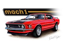 a red mustang muscle car with the name mach 1 on it's side poster